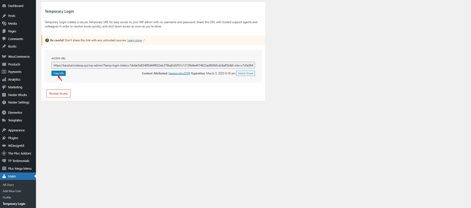 How to Share Login Access with Helpdesk Team 3 nexter blocks temporary login copy url