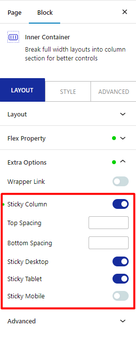 How To Create a Sticky Column in WordPress? 1 sticky column inner container extra options