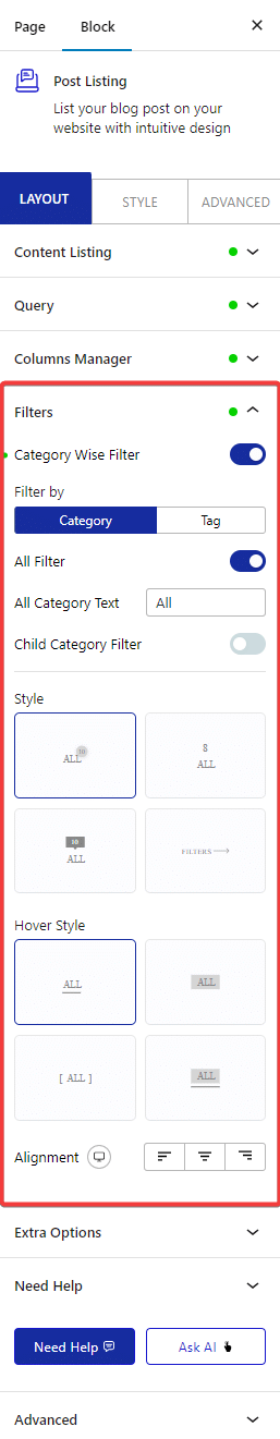 post listing layout category filter