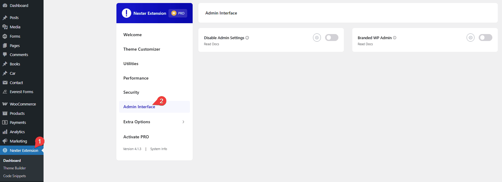 nexter extension settings admin interface