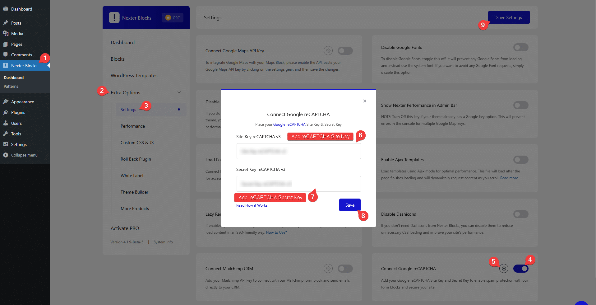 add recaptcha site key secrect key nexter blocks settings new