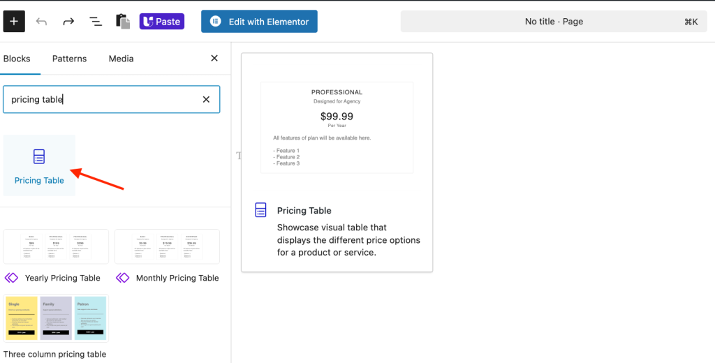 Pricing Table Block Image